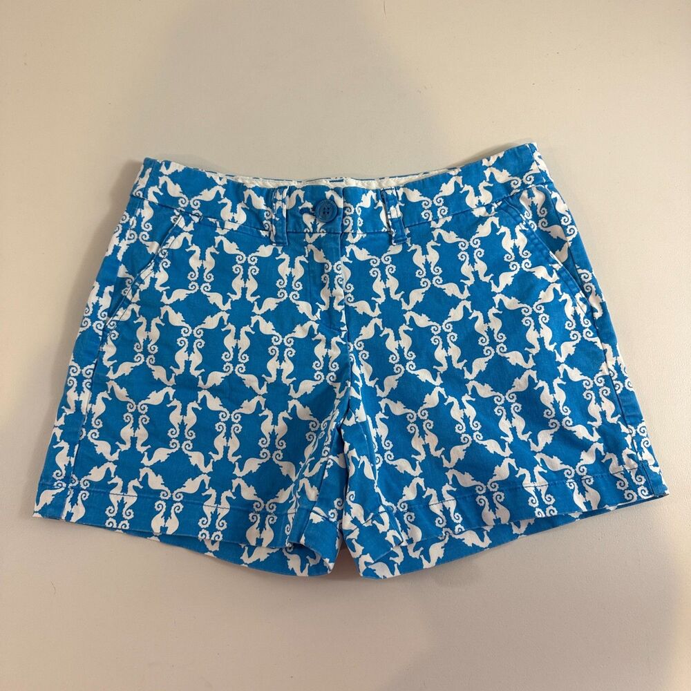 Crown & Ivy Women's Seahorse Print Chino Shorts Blue White Size 2
